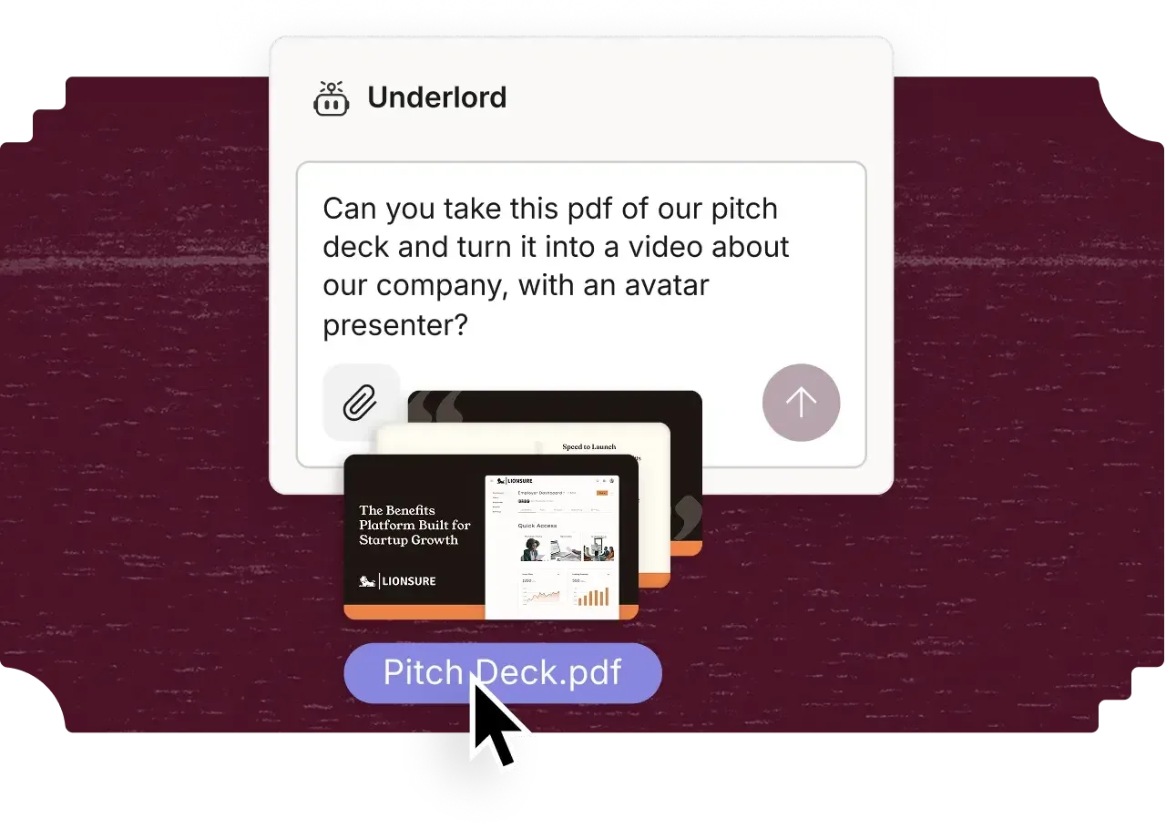Descript's Underlord assistant being asked to turn a pitch deck PDF into a video with an avatar presenter