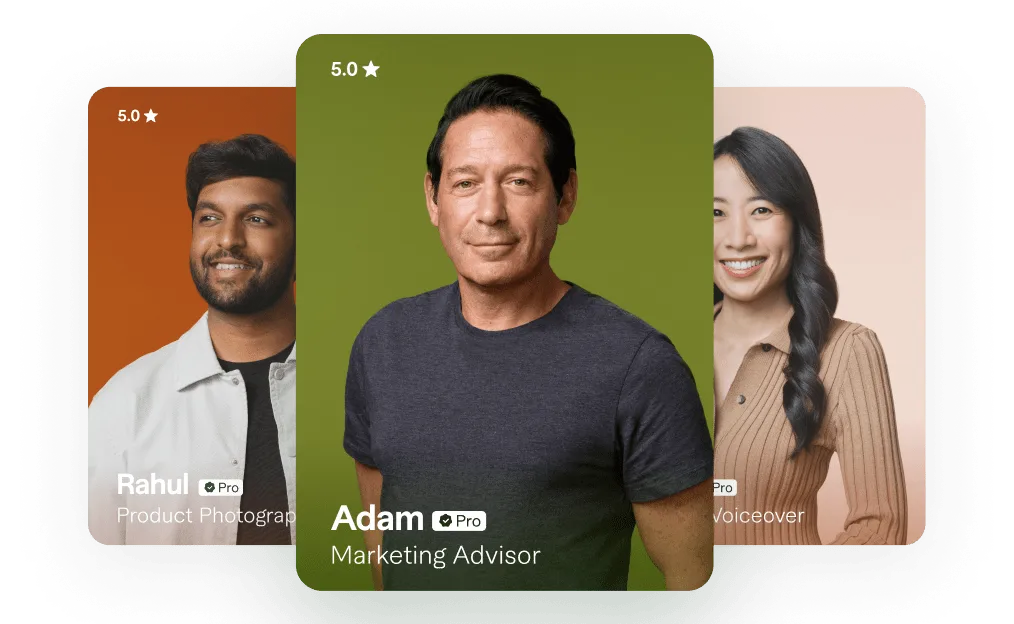 Three Fiverr Pro freelancer cards with Pro badges and 5.0 ratings: a product photographer, a marketing advisor and a voiceover artist