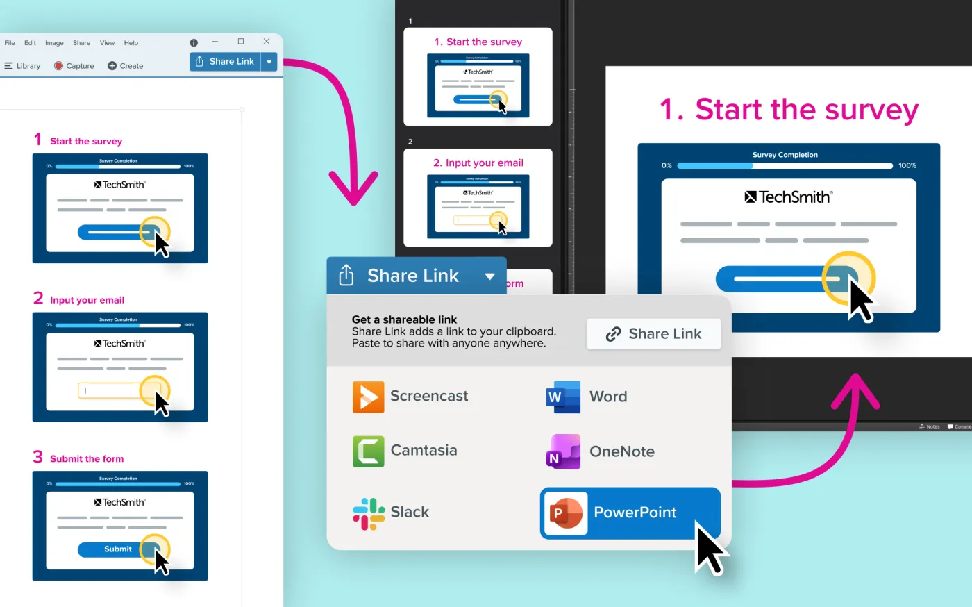 Snagit editor showing a three-step capture and the Share Link menu sending it to PowerPoint